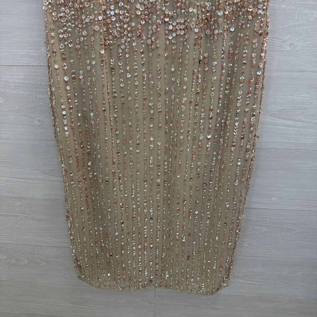 MacDuggal Beige/ Pink Beaded Sequin Sleeveless Midi Formal Dress 8
