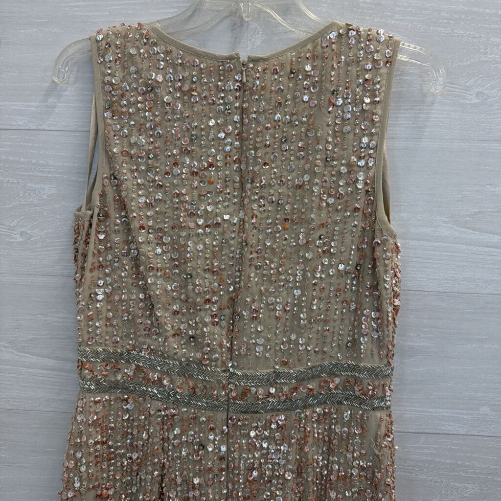 MacDuggal Beige/ Pink Beaded Sequin Sleeveless Midi Formal Dress 8
