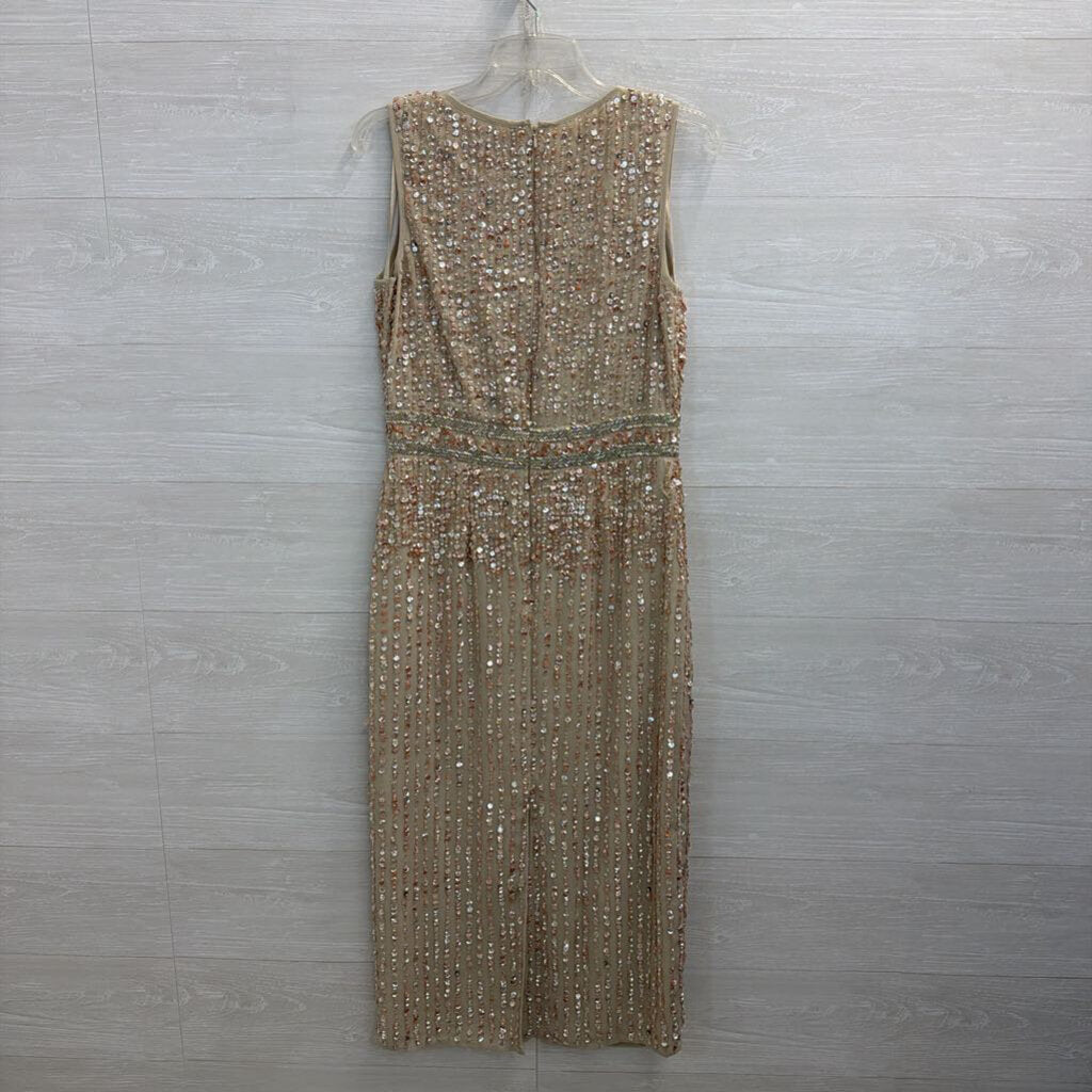 MacDuggal Beige/ Pink Beaded Sequin Sleeveless Midi Formal Dress 8