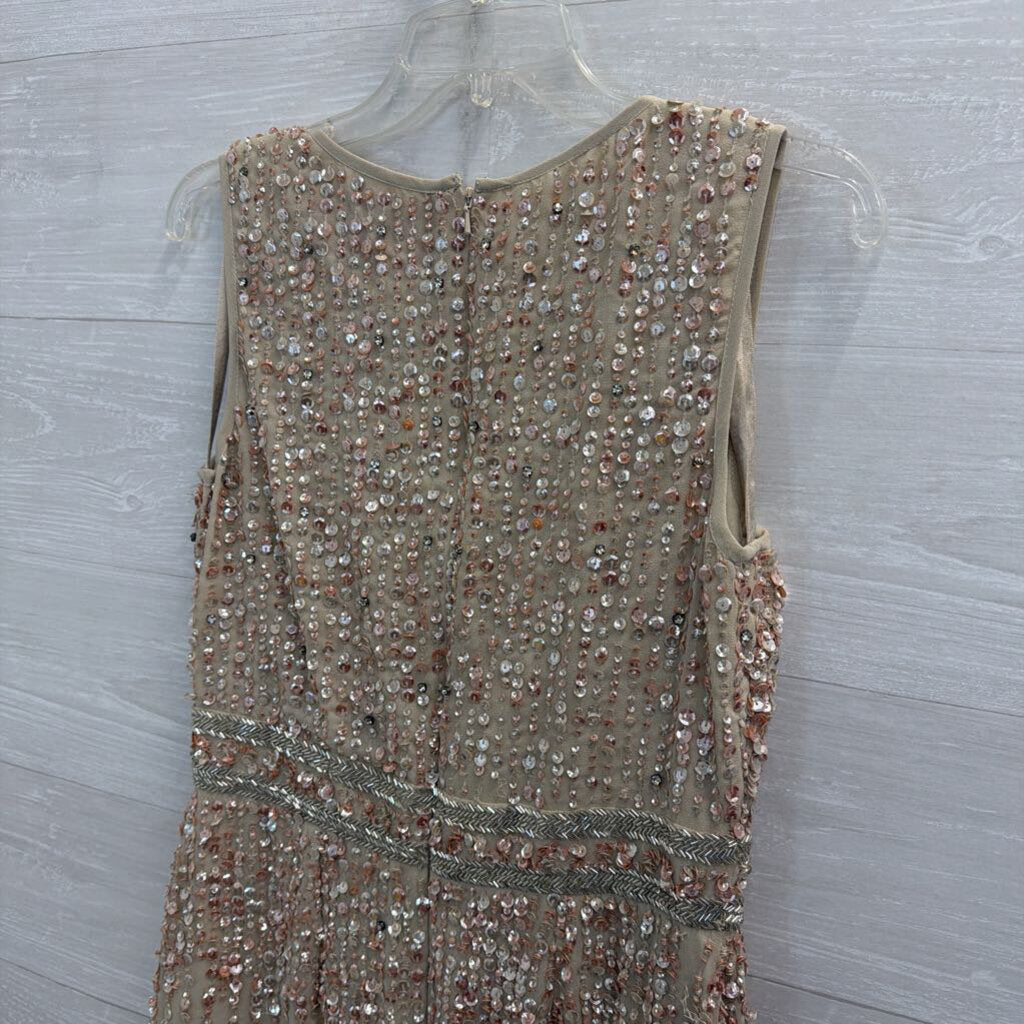 MacDuggal Beige/ Pink Beaded Sequin Sleeveless Midi Formal Dress 8