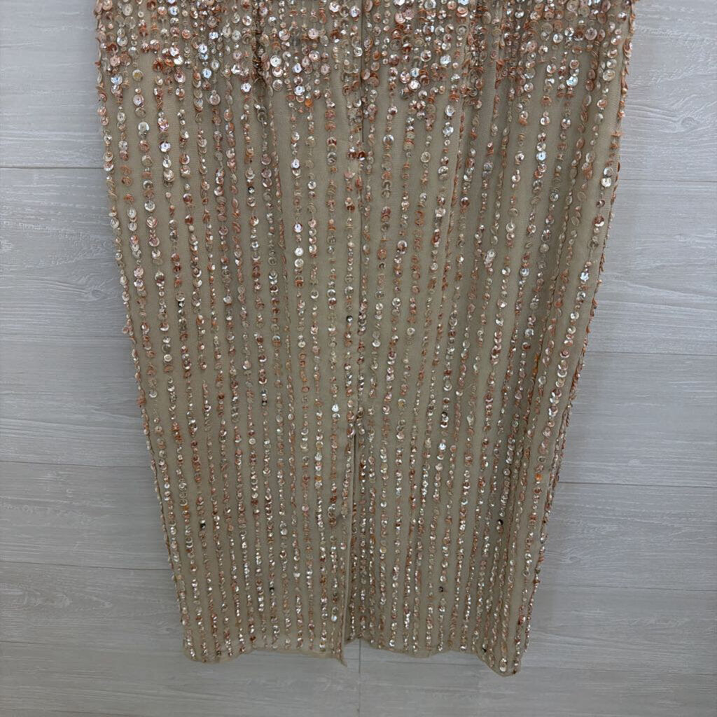 MacDuggal Beige/ Pink Beaded Sequin Sleeveless Midi Formal Dress 8