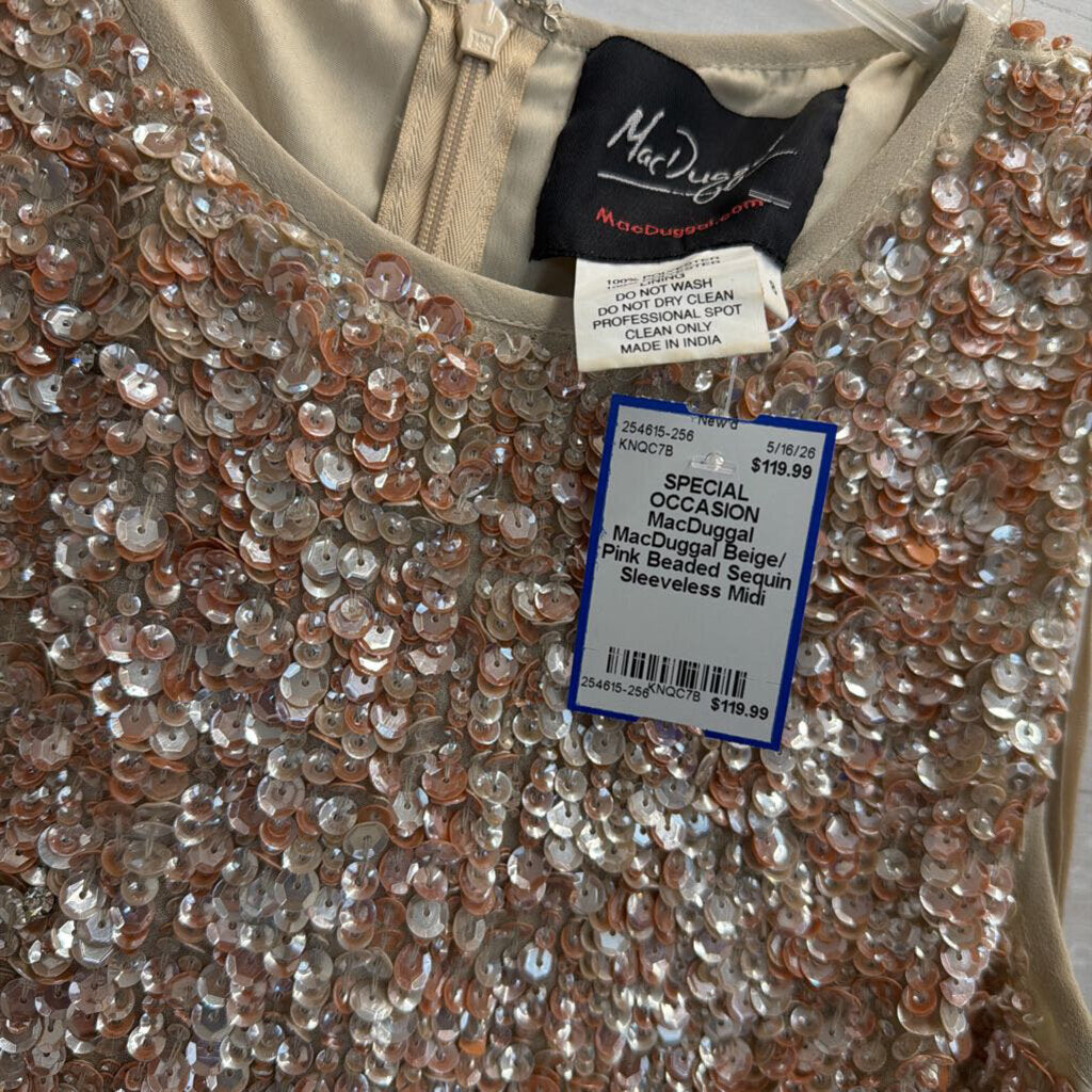 MacDuggal Beige/ Pink Beaded Sequin Sleeveless Midi Formal Dress 8