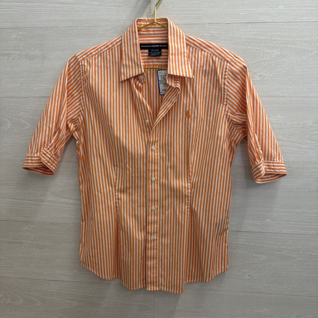 Ralph Lauren Orange/ White Striped Short Sleeve Button Down Top 10