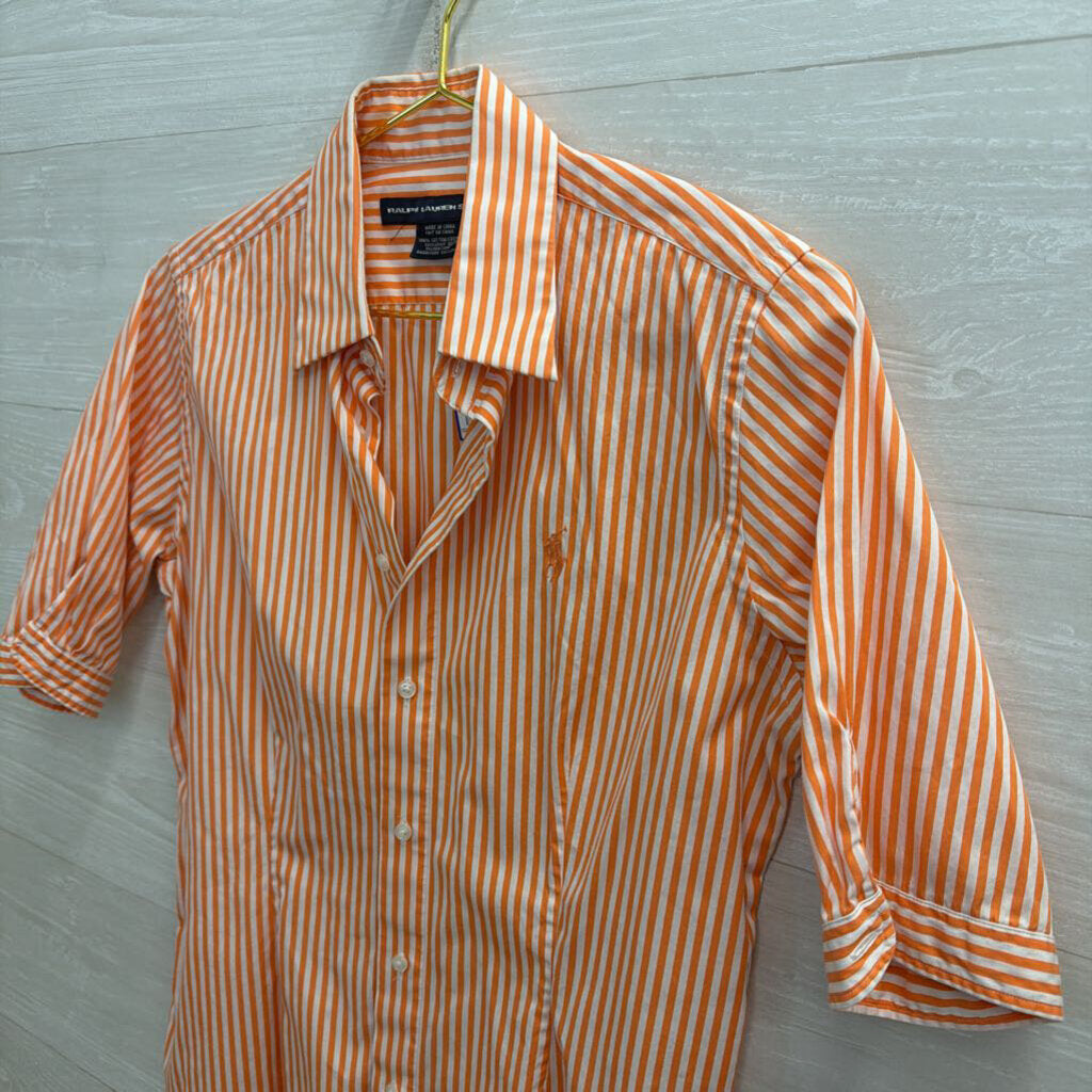 Ralph Lauren Orange/ White Striped Short Sleeve Button Down Top 10
