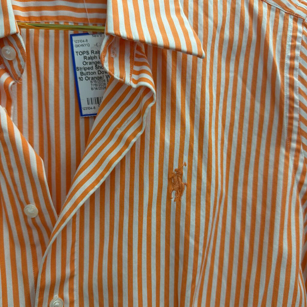 Ralph Lauren Orange/ White Striped Short Sleeve Button Down Top 10
