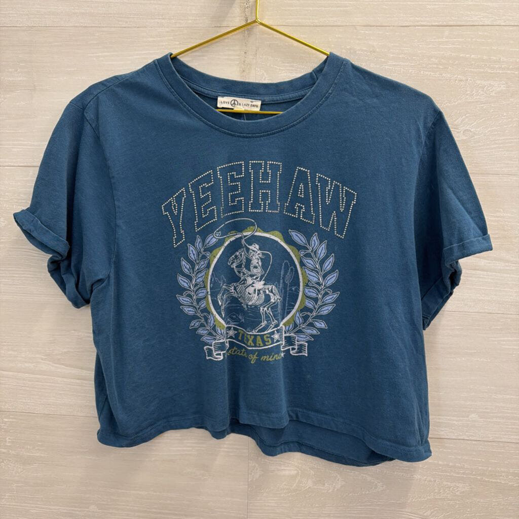 Blue Cropped Embellished YeeHaw Short Sleeve Graphic Tee Large