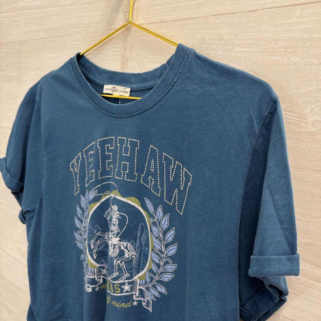 Blue Cropped Embellished YeeHaw Short Sleeve Graphic Tee Large