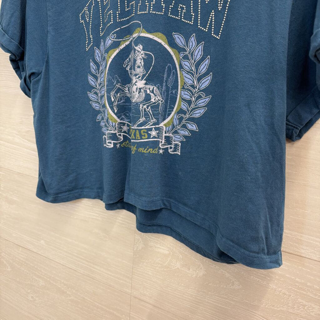 Blue Cropped Embellished YeeHaw Short Sleeve Graphic Tee Large
