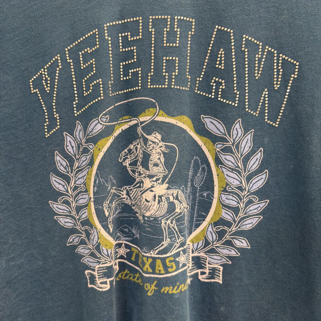 Blue Cropped Embellished YeeHaw Short Sleeve Graphic Tee Large