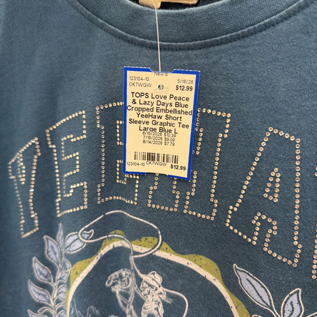 Blue Cropped Embellished YeeHaw Short Sleeve Graphic Tee Large