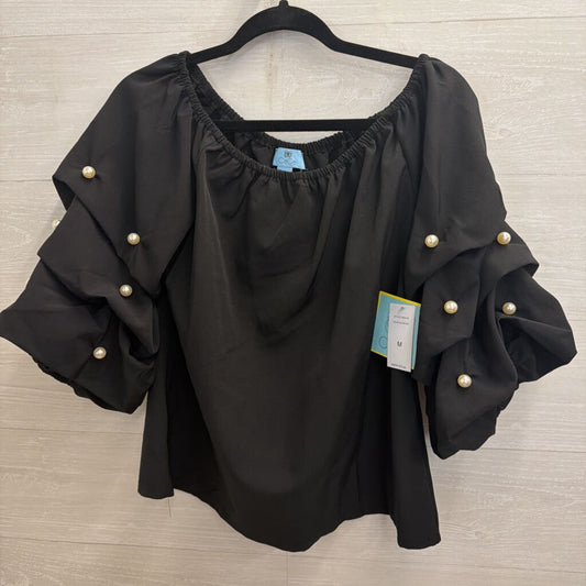 CeCe Black Pearl Embellished Sleeve Off Shoulder Top Medium