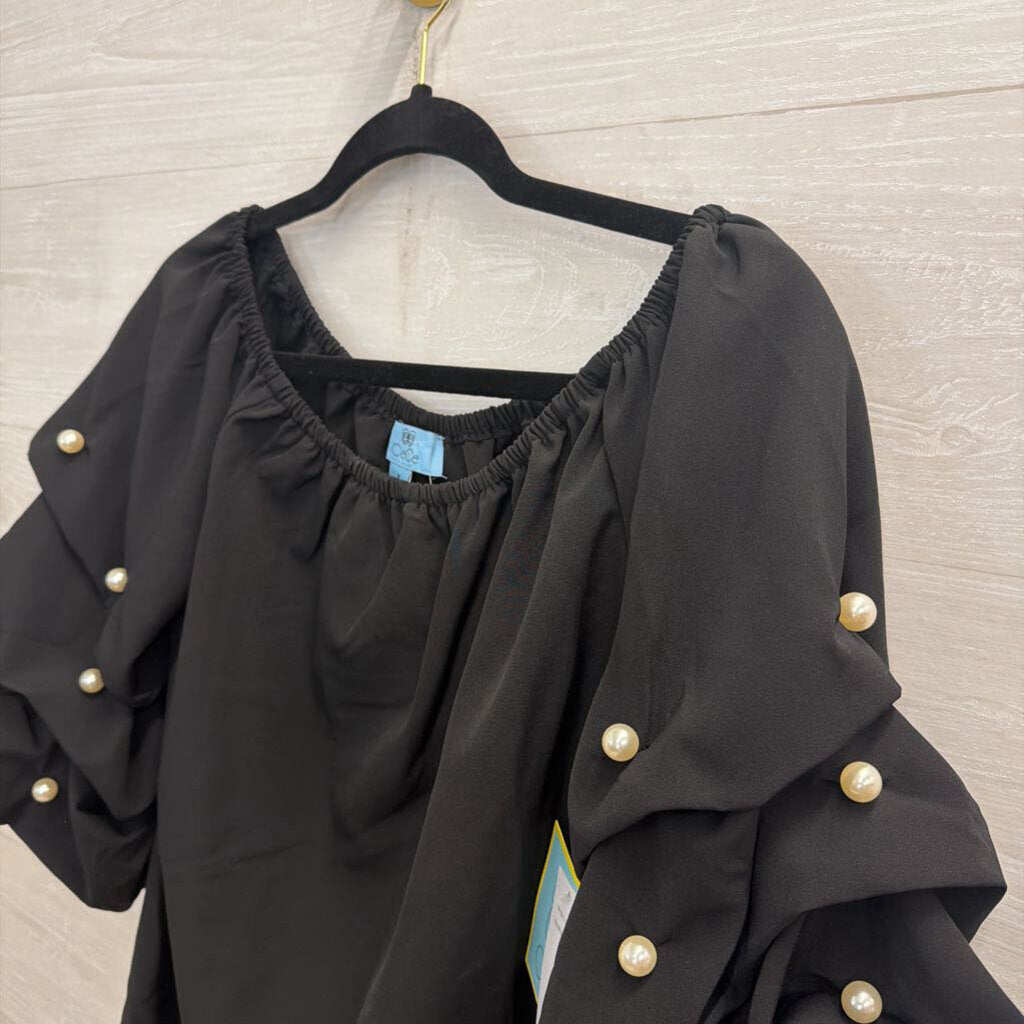 CeCe Black Pearl Embellished Sleeve Off Shoulder Top Medium