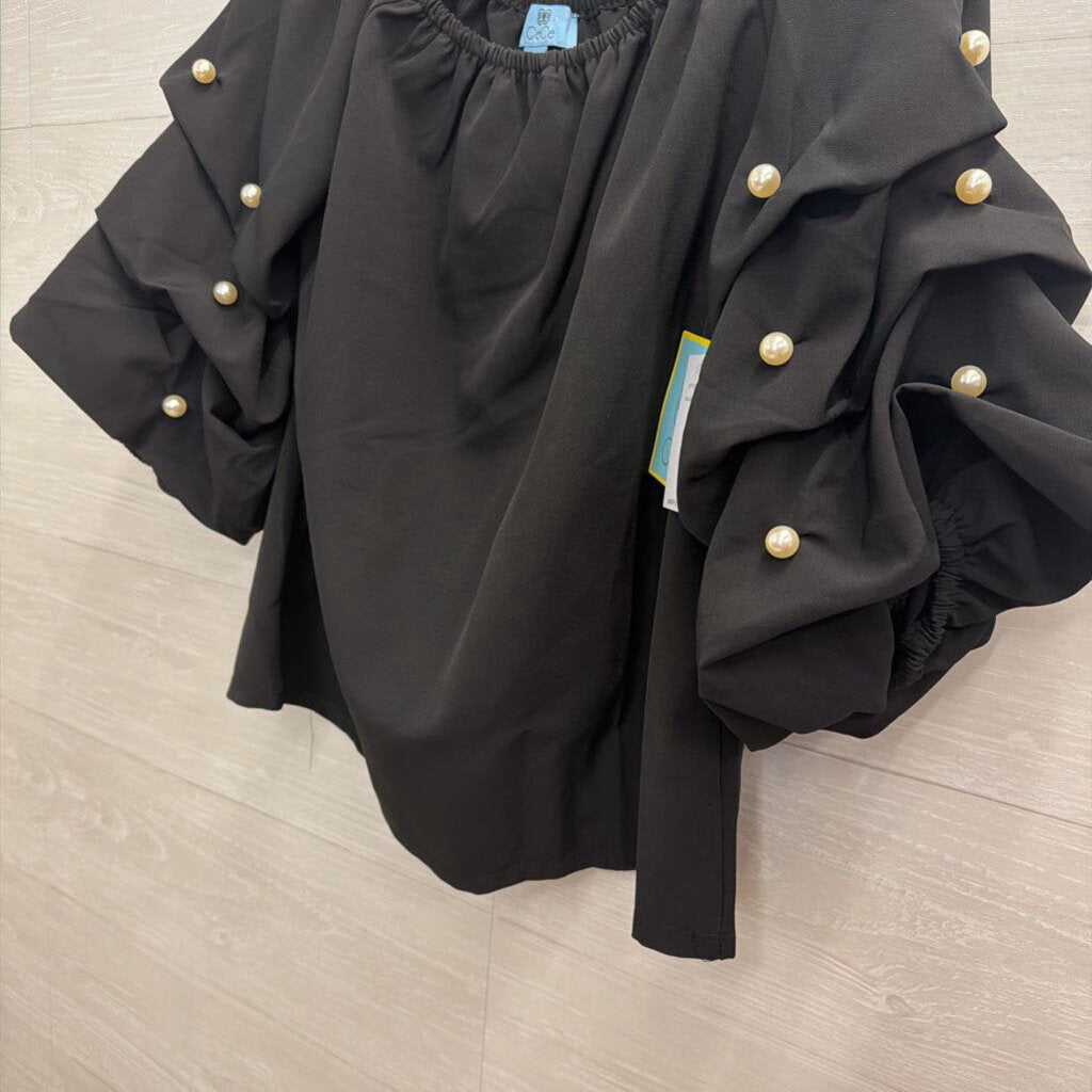 CeCe Black Pearl Embellished Sleeve Off Shoulder Top Medium
