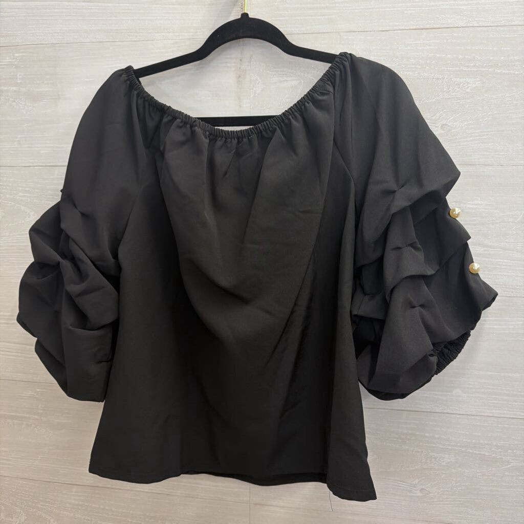 CeCe Black Pearl Embellished Sleeve Off Shoulder Top Medium