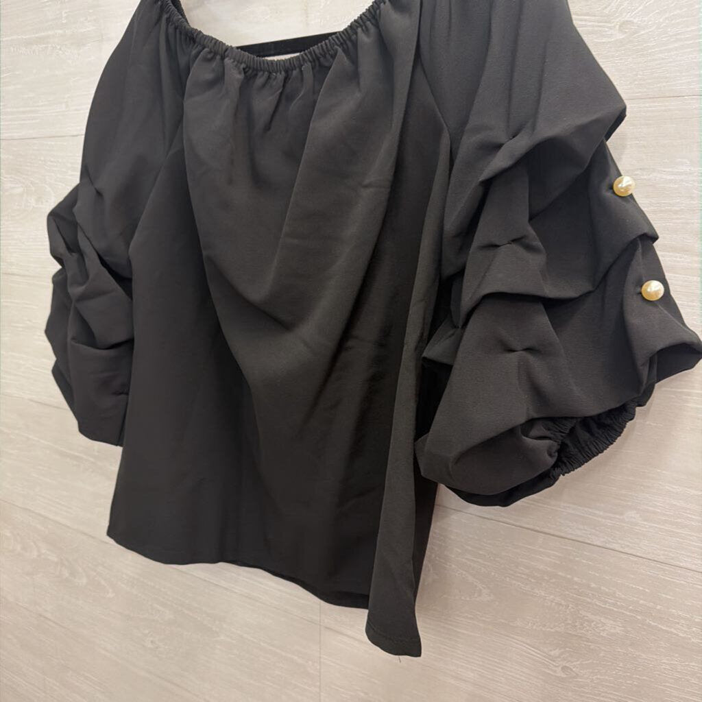 CeCe Black Pearl Embellished Sleeve Off Shoulder Top Medium