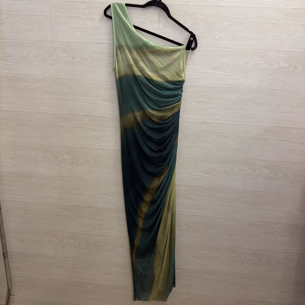 Green Tie Dye Mesh One Shoulder Maxi Dress Large