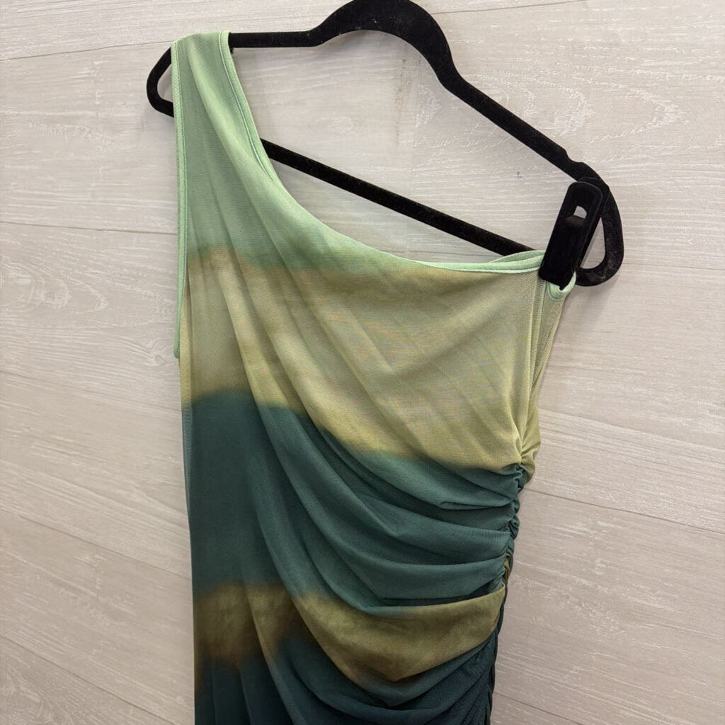 Green Tie Dye Mesh One Shoulder Maxi Dress Large