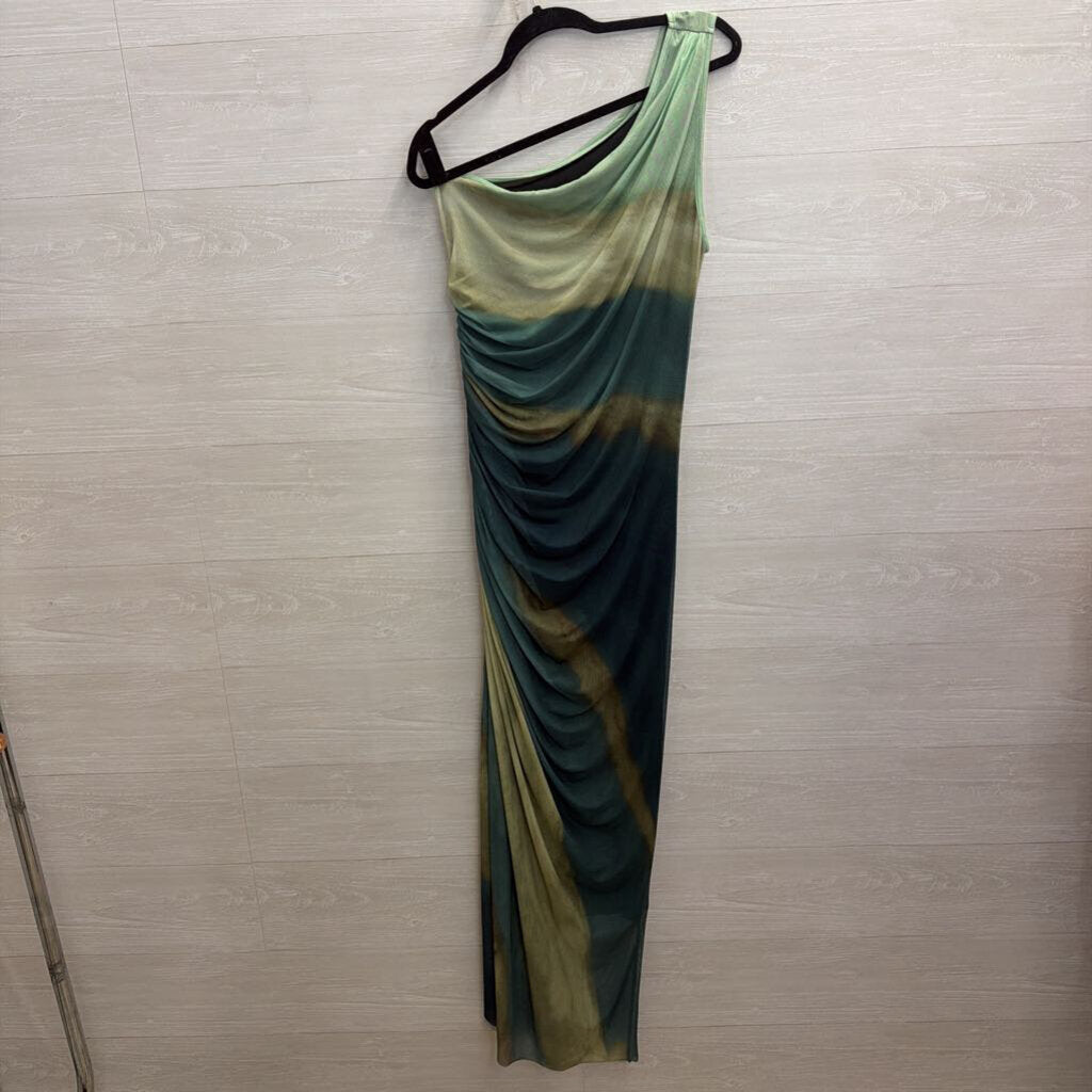 Green Tie Dye Mesh One Shoulder Maxi Dress Large