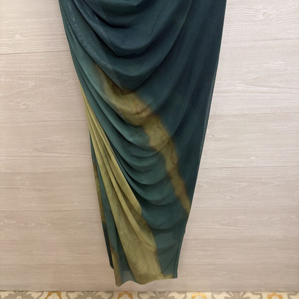 Green Tie Dye Mesh One Shoulder Maxi Dress Large