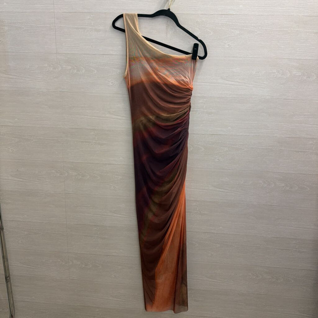 Orange/ Brown Tie Dye Mesh One Shoulder Maxi Dress Large