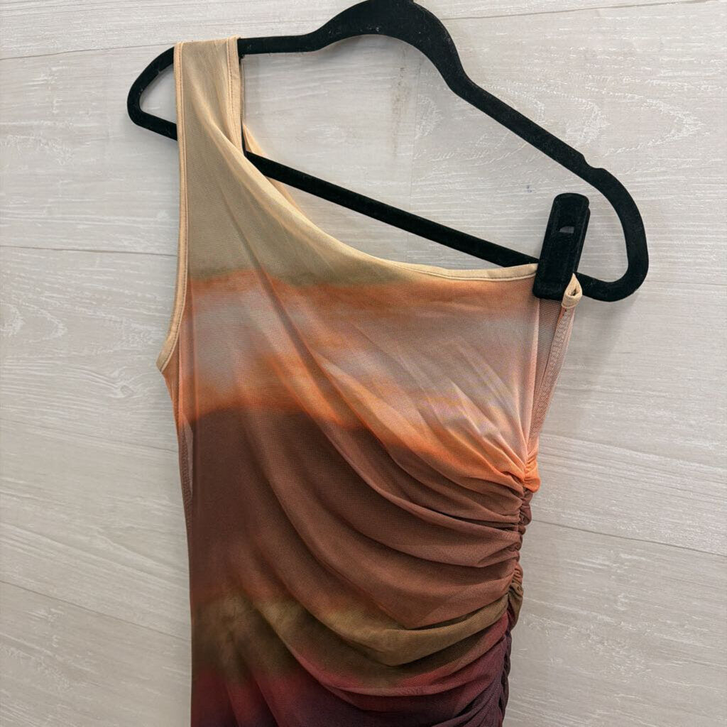 Orange/ Brown Tie Dye Mesh One Shoulder Maxi Dress Large