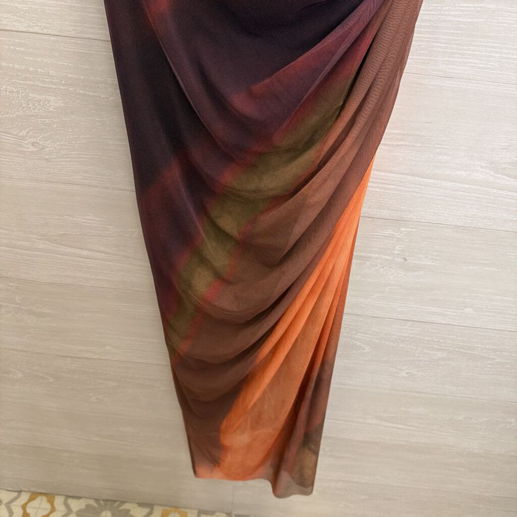 Orange/ Brown Tie Dye Mesh One Shoulder Maxi Dress Large
