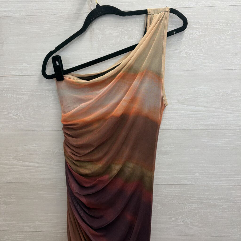 Orange/ Brown Tie Dye Mesh One Shoulder Maxi Dress Large