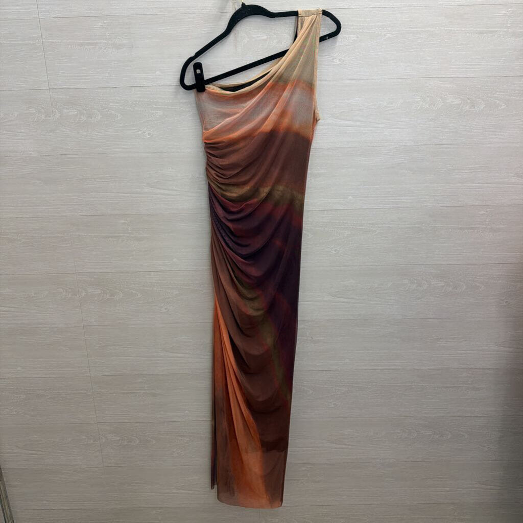 Orange/ Brown Tie Dye Mesh One Shoulder Maxi Dress Large