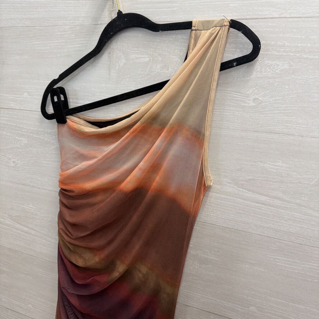 Orange/ Brown Tie Dye Mesh One Shoulder Maxi Dress Large