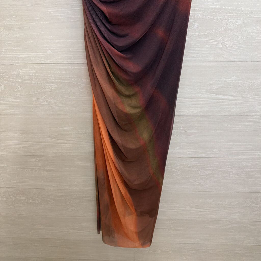 Orange/ Brown Tie Dye Mesh One Shoulder Maxi Dress Large