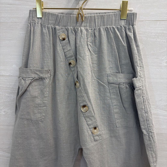 Grey Cropped Front Button Pull On Pants Small