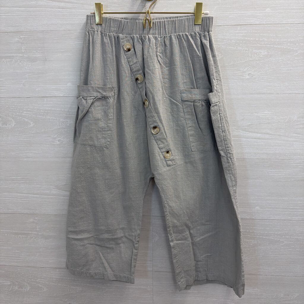 Grey Cropped Front Button Pull On Pants Small