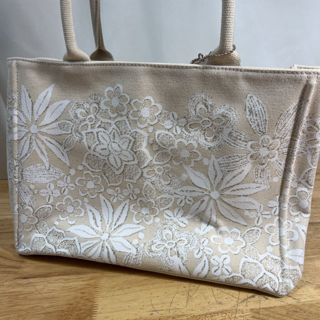 Oscar de la Renta Beige Canvas Floral Tote Purse
