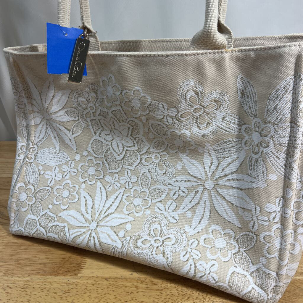 Oscar de la Renta Beige Canvas Floral Tote Purse