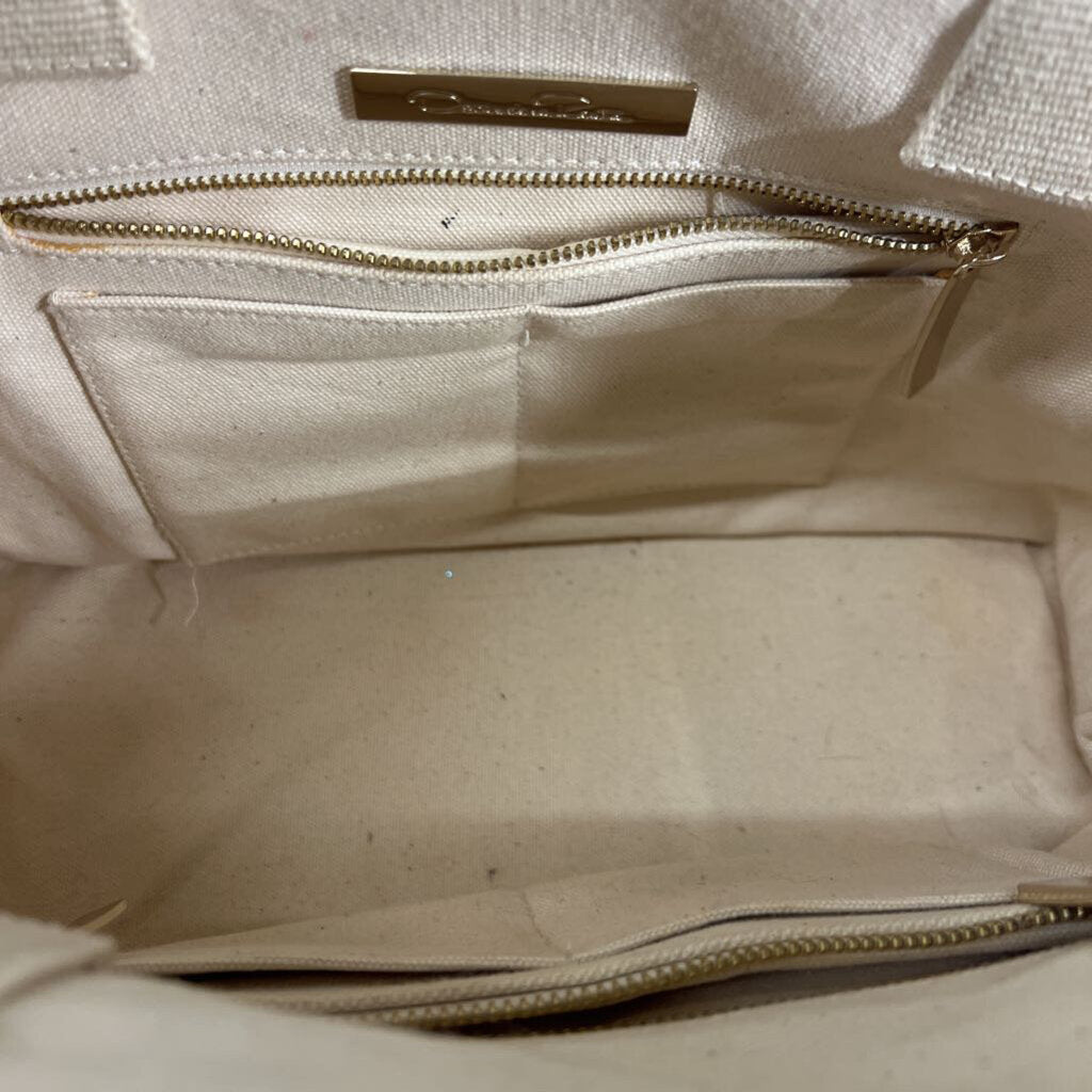 Oscar de la Renta Beige Canvas Floral Tote Purse