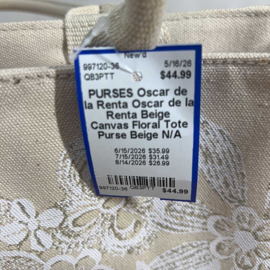 Oscar de la Renta Beige Canvas Floral Tote Purse