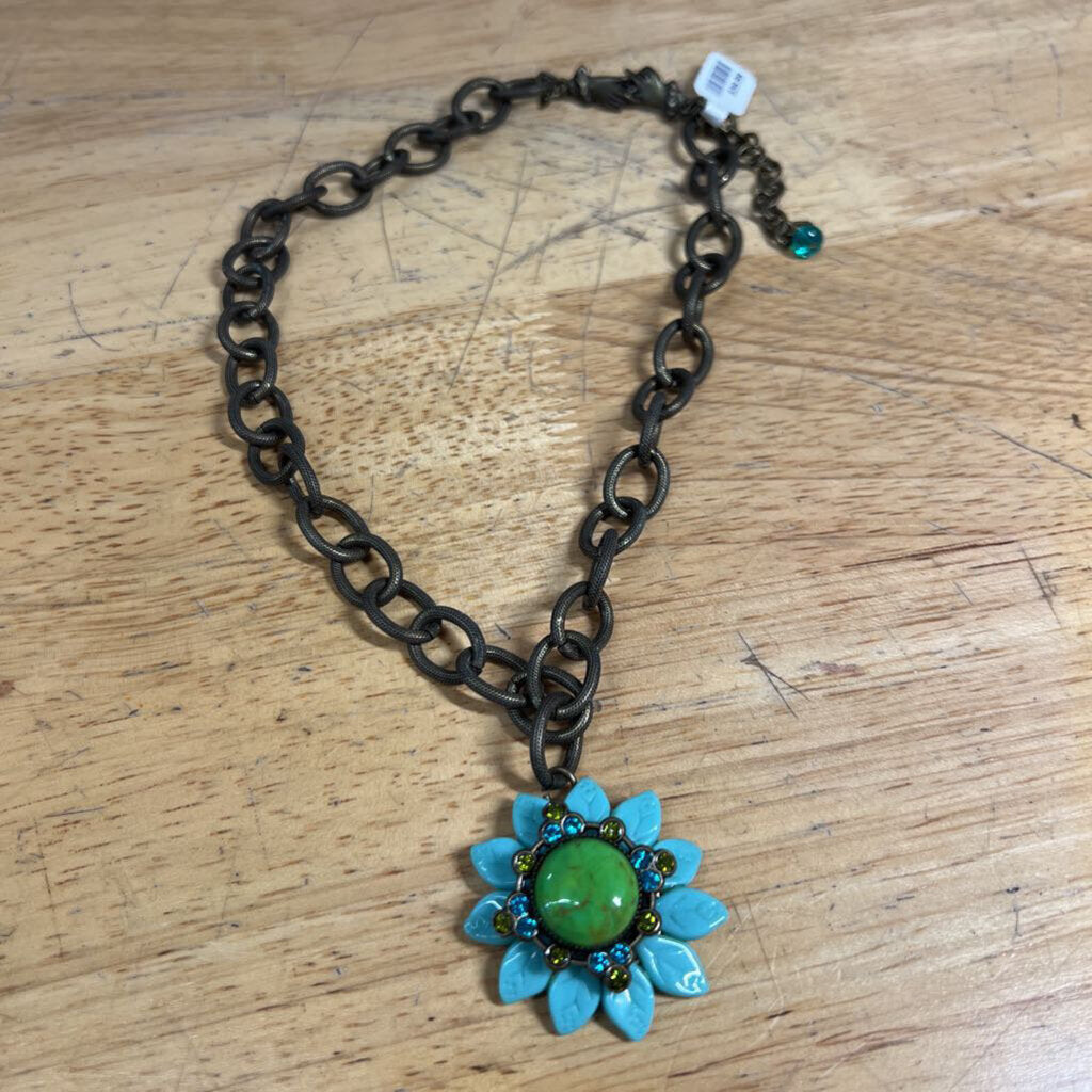 Mary Demarco Bronze/ Blue Flower Pendant Necklace