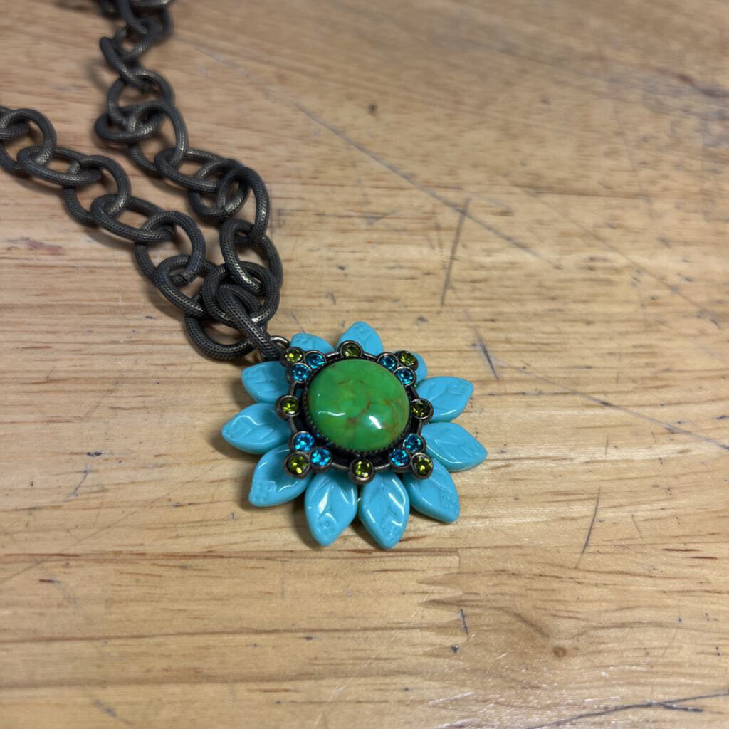 Mary Demarco Bronze/ Blue Flower Pendant Necklace