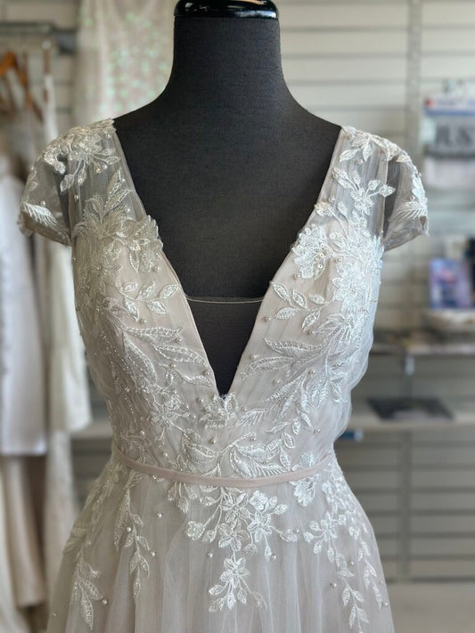 Oleg Cassini Scattered Pearl Cap Sleeve Wedding Dress 4