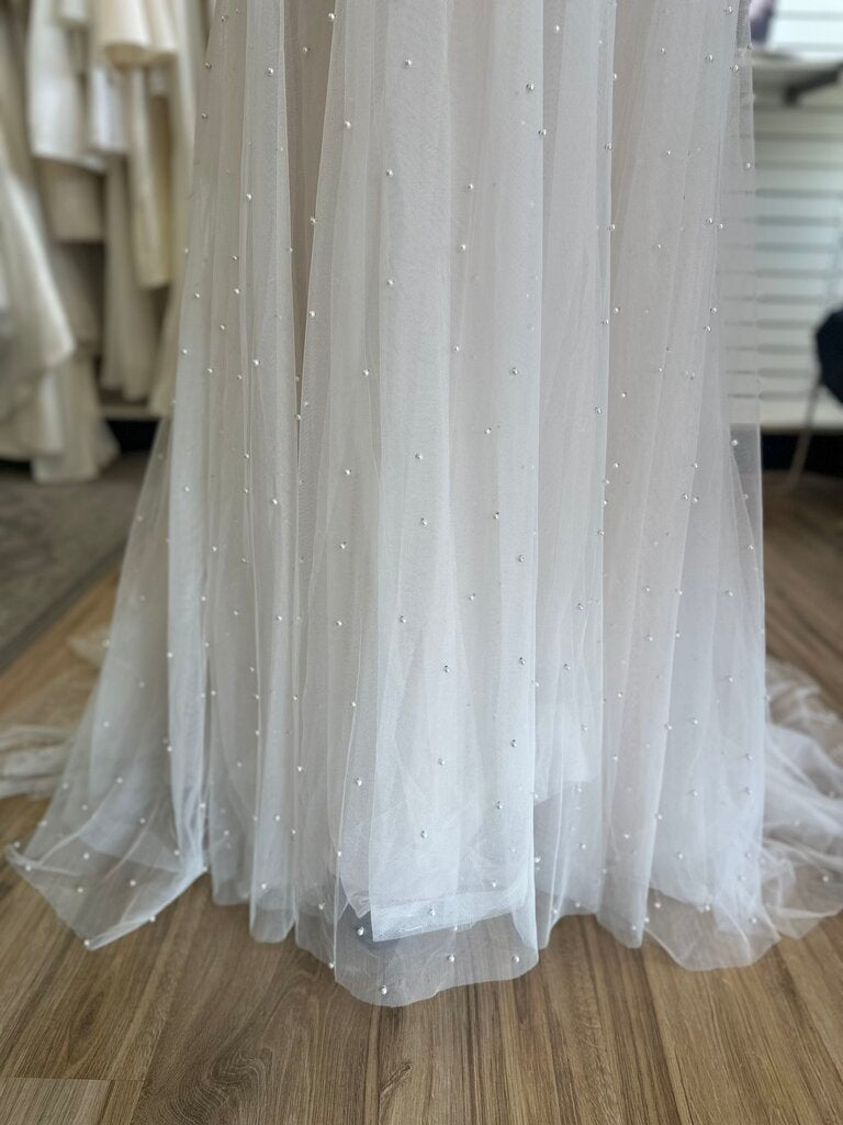 Oleg Cassini Scattered Pearl Cap Sleeve Wedding Dress 4