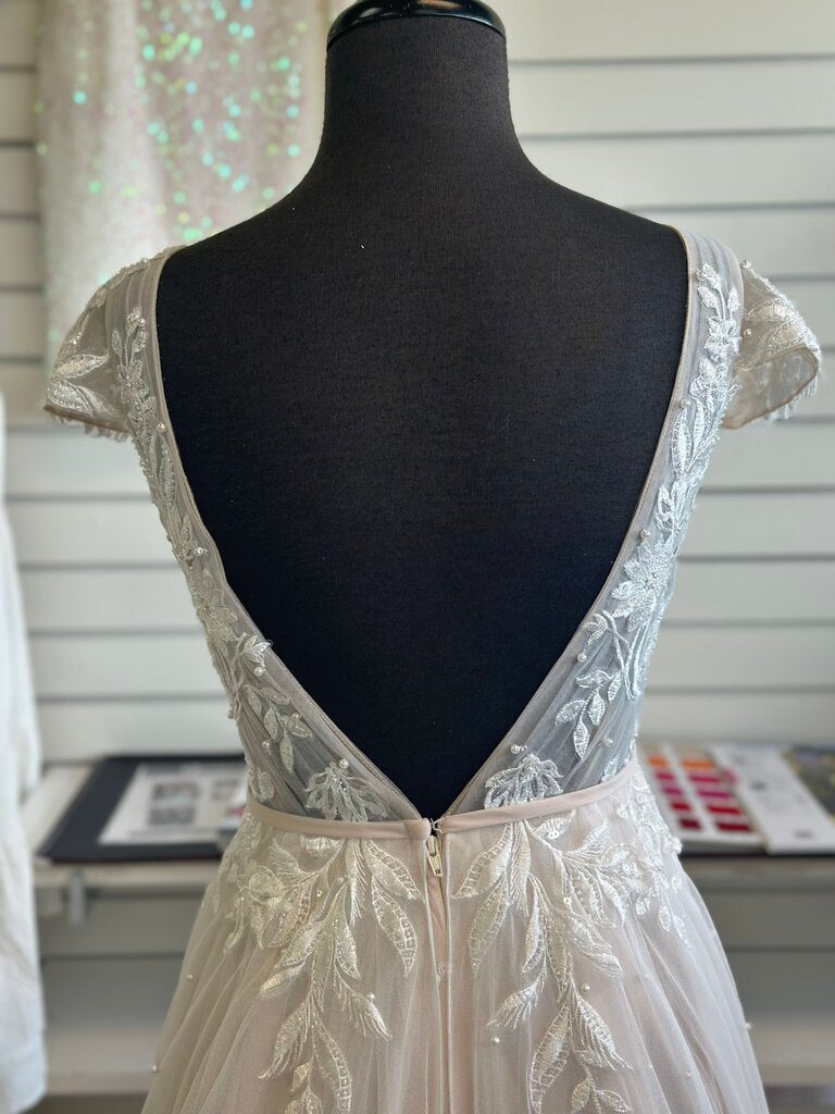 Oleg Cassini Scattered Pearl Cap Sleeve Wedding Dress 4
