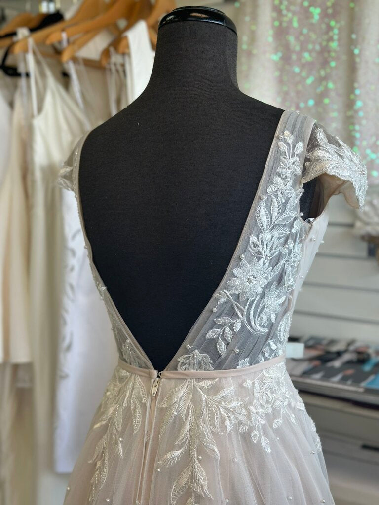 Oleg Cassini Scattered Pearl Cap Sleeve Wedding Dress 4