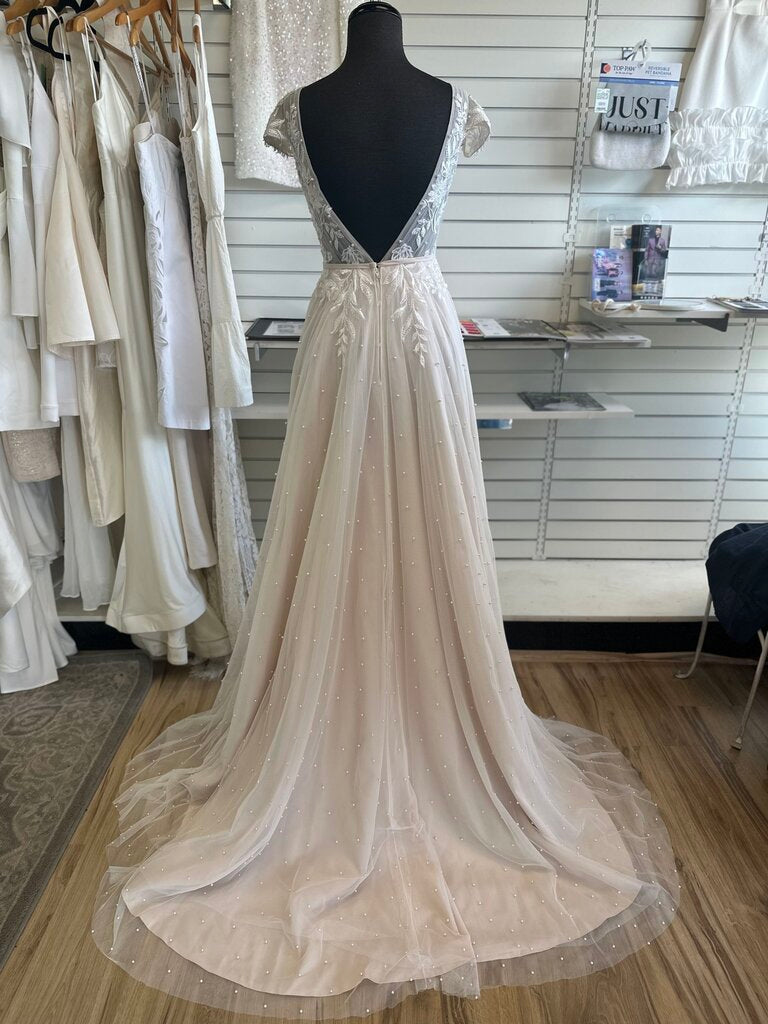 Oleg Cassini Scattered Pearl Cap Sleeve Wedding Dress 4