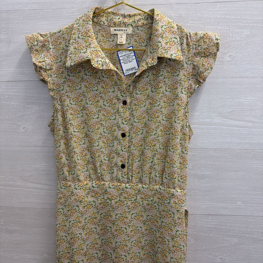 Monteau White/ Multi Floral Print Tie Waist Dress Large
