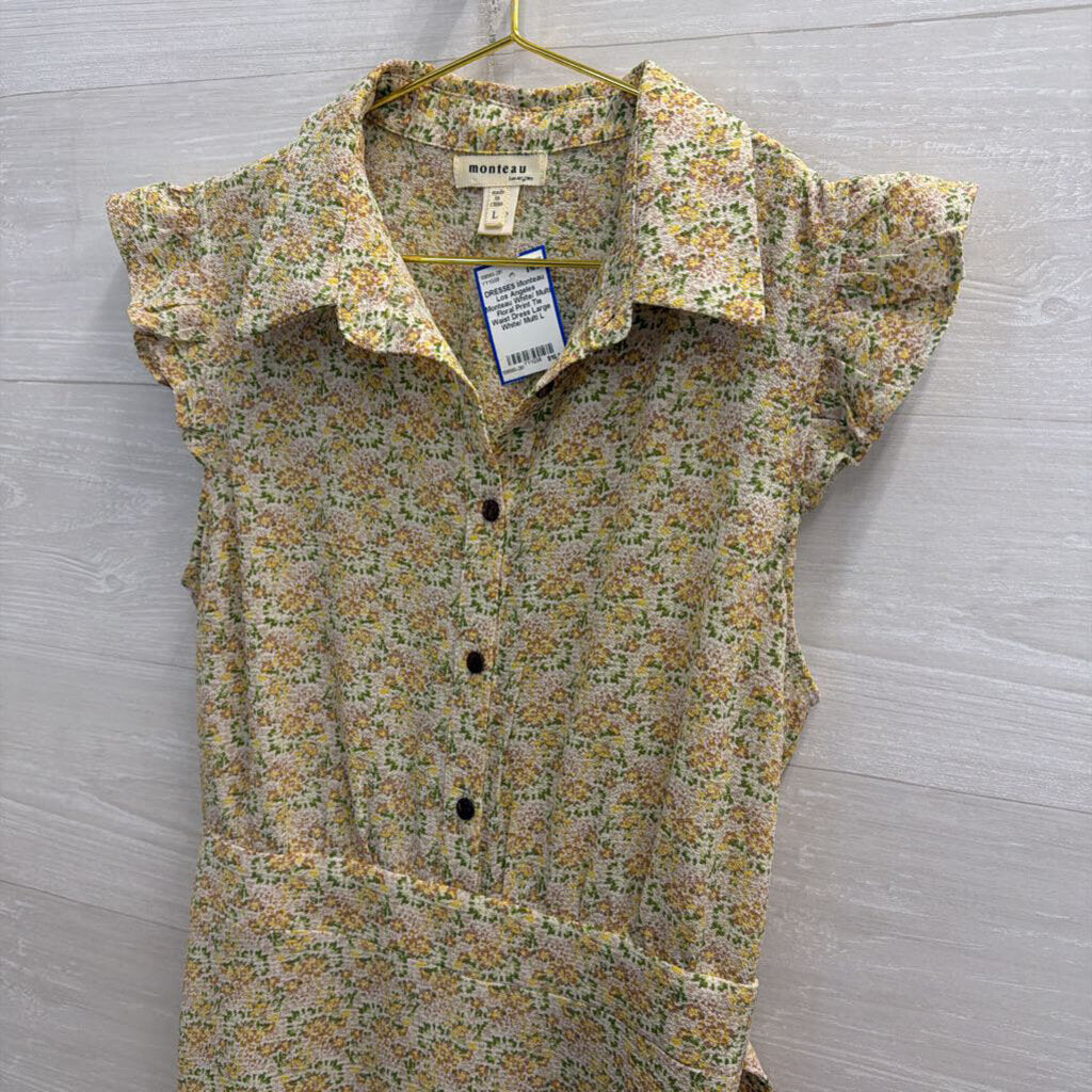 Monteau White/ Multi Floral Print Tie Waist Dress Large