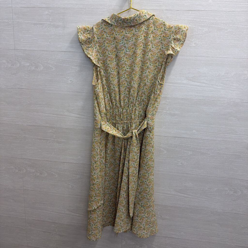 Monteau White/ Multi Floral Print Tie Waist Dress Large