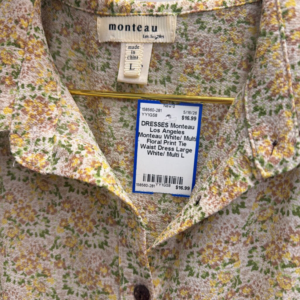 Monteau White/ Multi Floral Print Tie Waist Dress Large