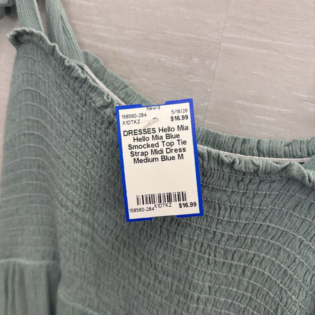 Hello Mia Blue Smocked Top Tie Strap Midi Dress Medium