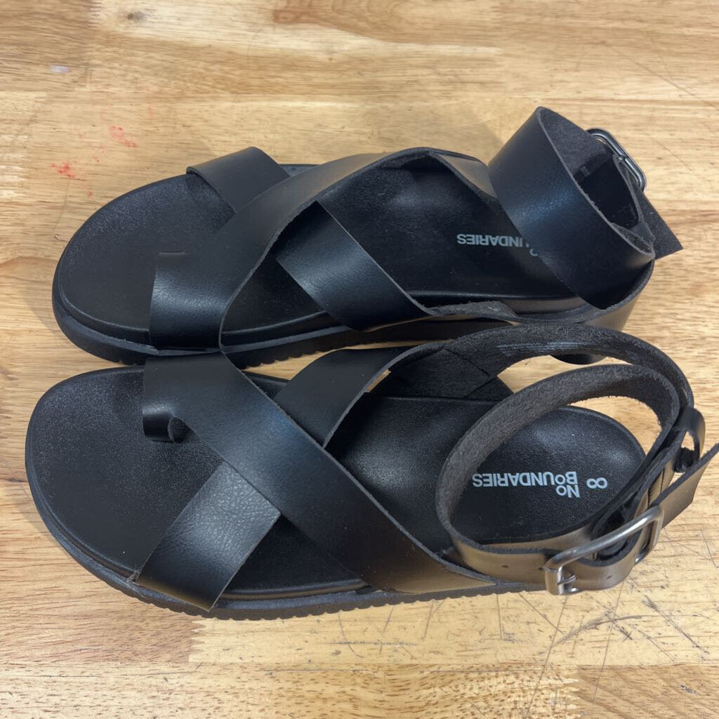 Black Leather Strappy Flatform Sandals 8