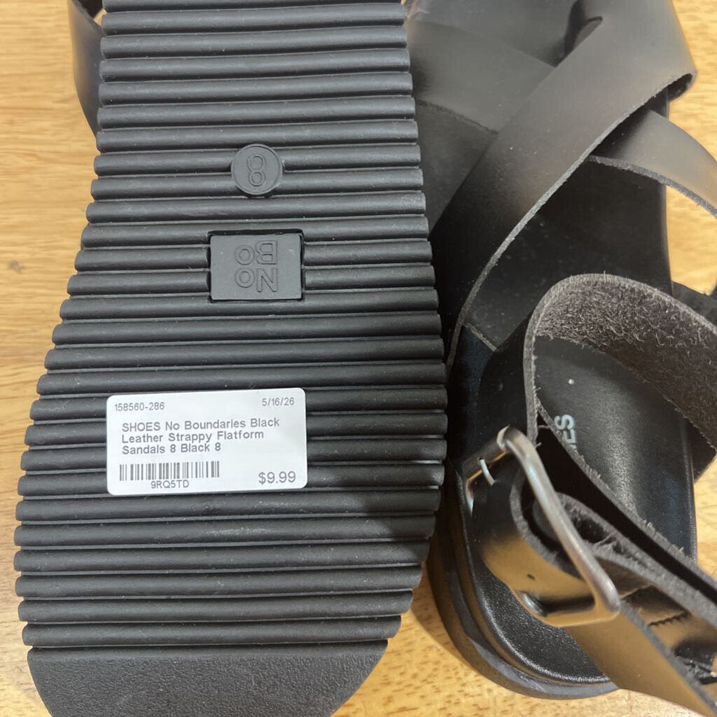 Black Leather Strappy Flatform Sandals 8